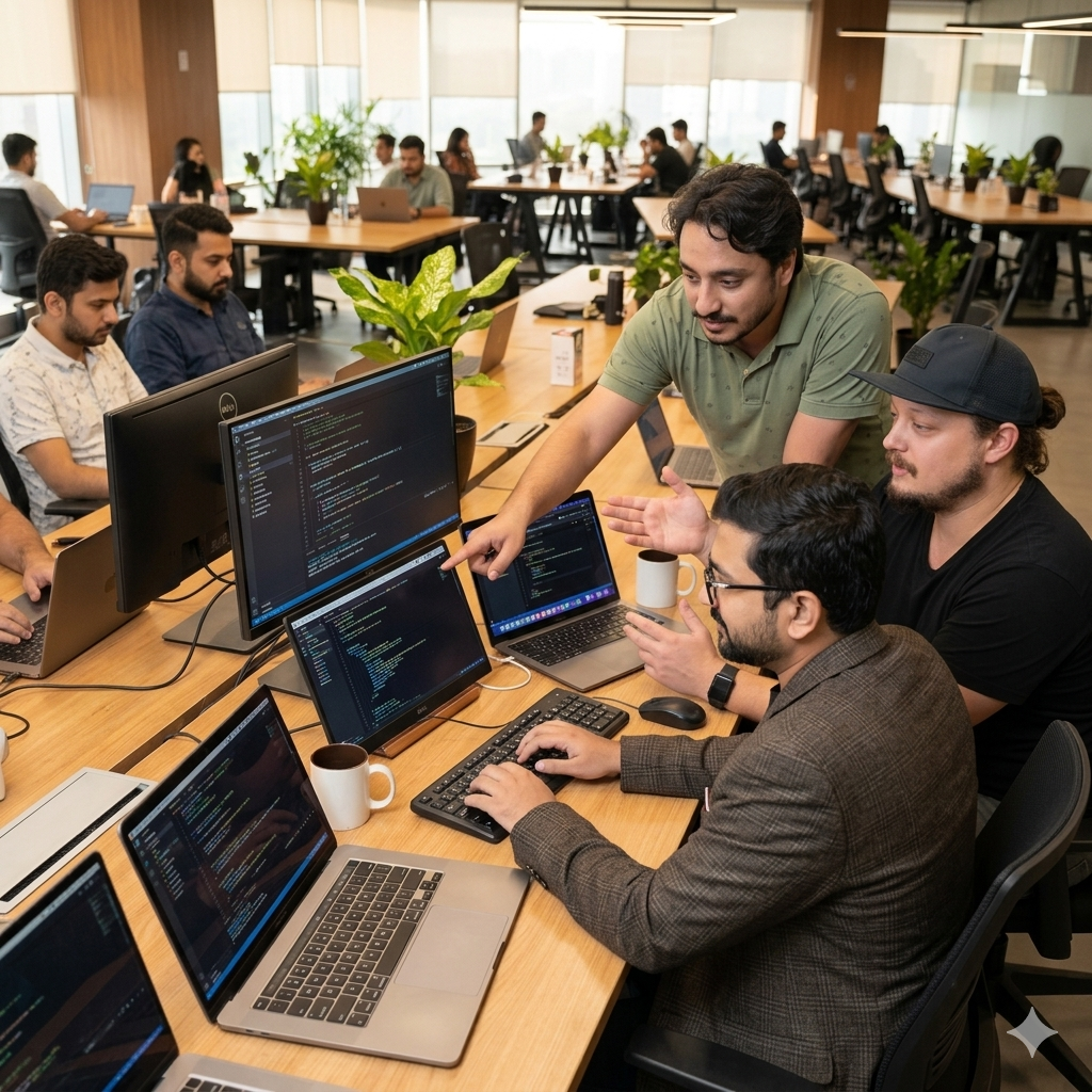 Team collaborating around a laptop
